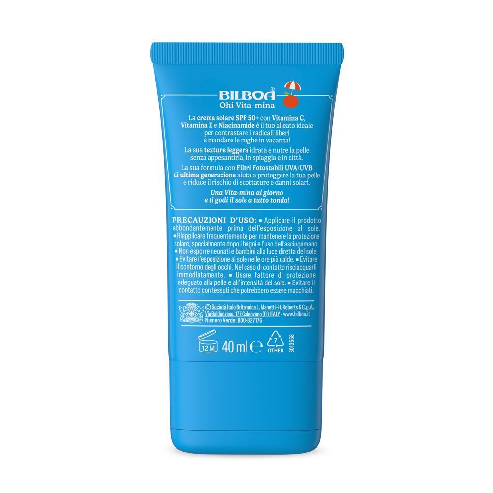 Retro di un tubetto di crema solare Bilboa Ohi Vita-mina SPF 50+ con istruzioni.