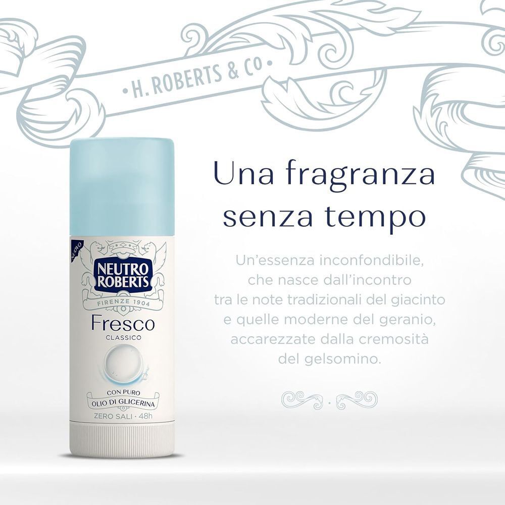 Deodorante stick Neutro Roberts Fresco Azzurro accanto a testo che descrive una fragranza senza tempo.
