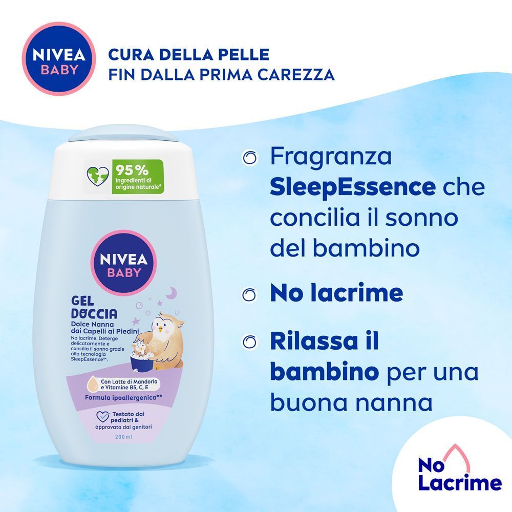 Flacone Nivea Baby Gel Doccia con gufo, 95% ingredienti naturali.