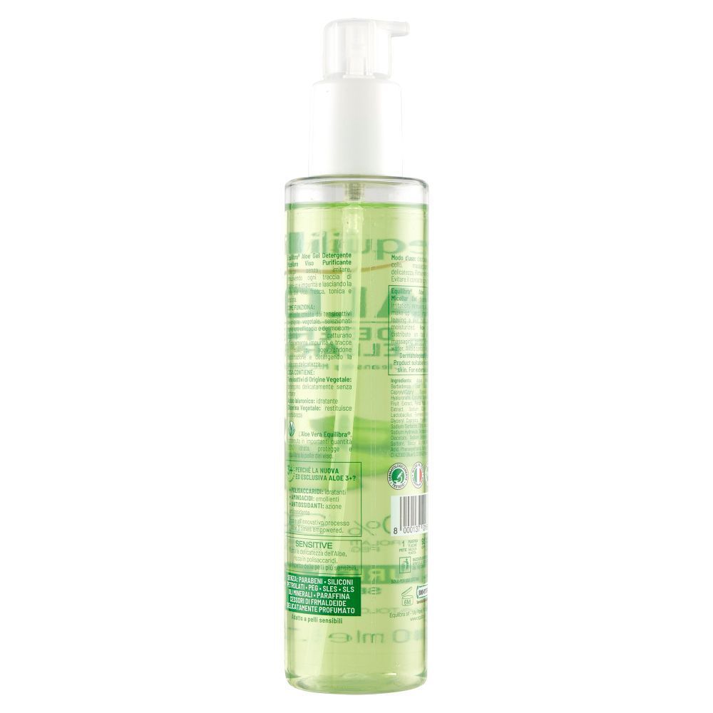 Retro di un flacone di Equilibra Aloe Gel Detergente Viso con etichetta.