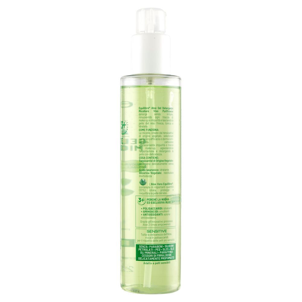 Retro di un flacone di Equilibra Aloe Gel Detergente Viso con etichetta e sigilli.