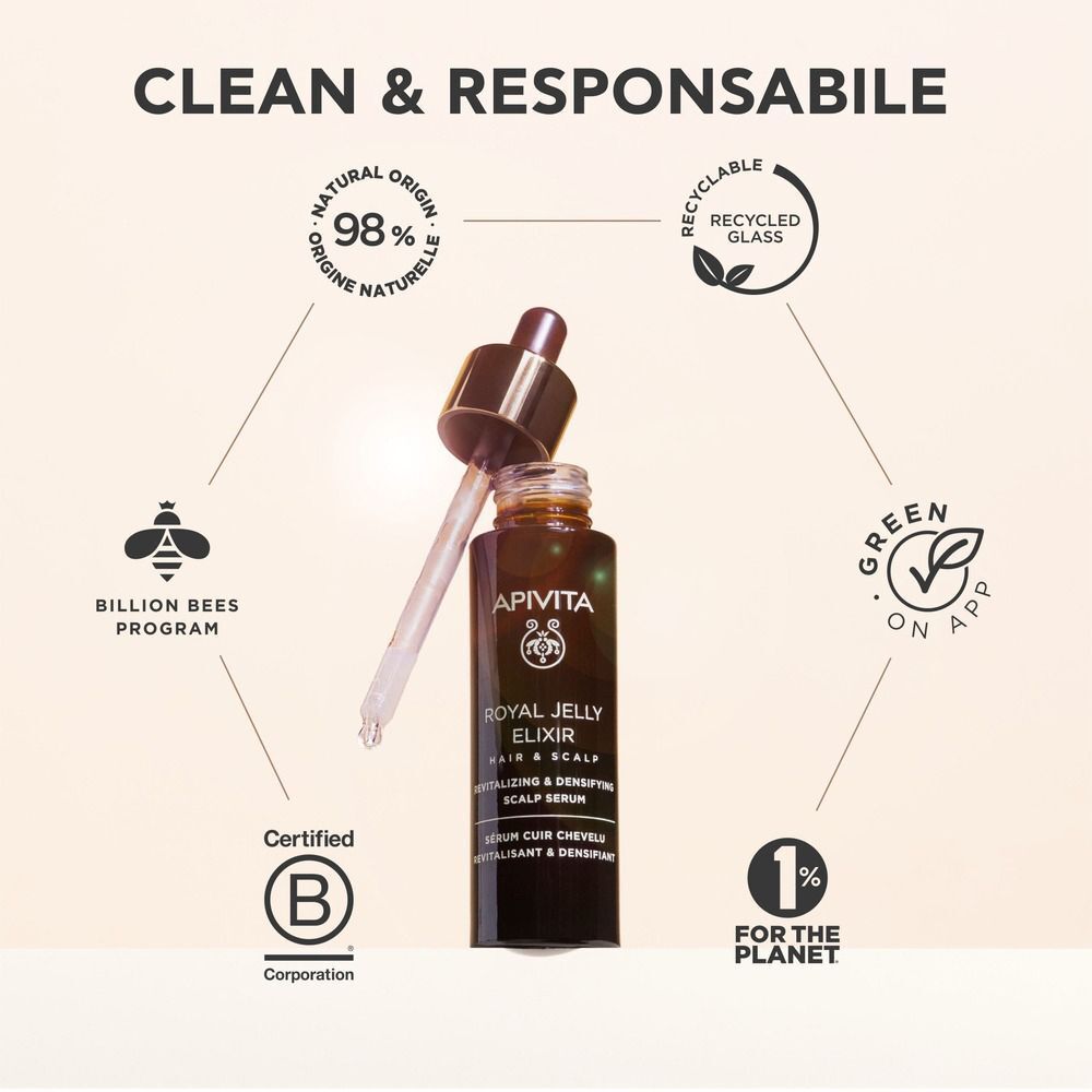 Siero Apivita Royal Jelly Elixir: 98% origine naturale, vetro riciclabile, B-Corp.