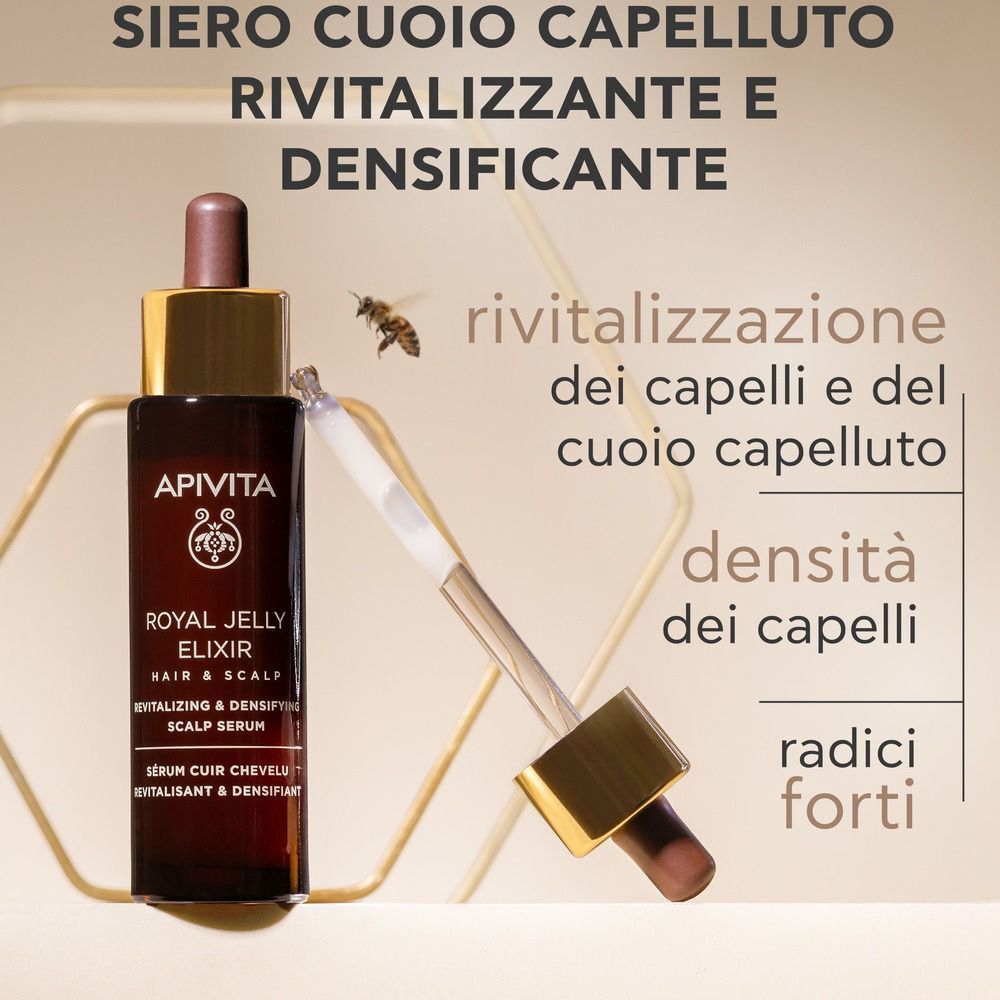 Siero Apivita Royal Jelly Elixir Capelli e Cuoio Capelluto con contagocce e ape.