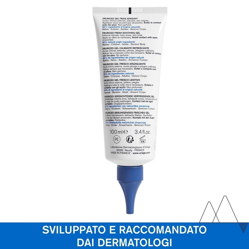 Retro di un tubo di gel Uriage Pruriced con informazioni sull'uso e indicazione 100ml.