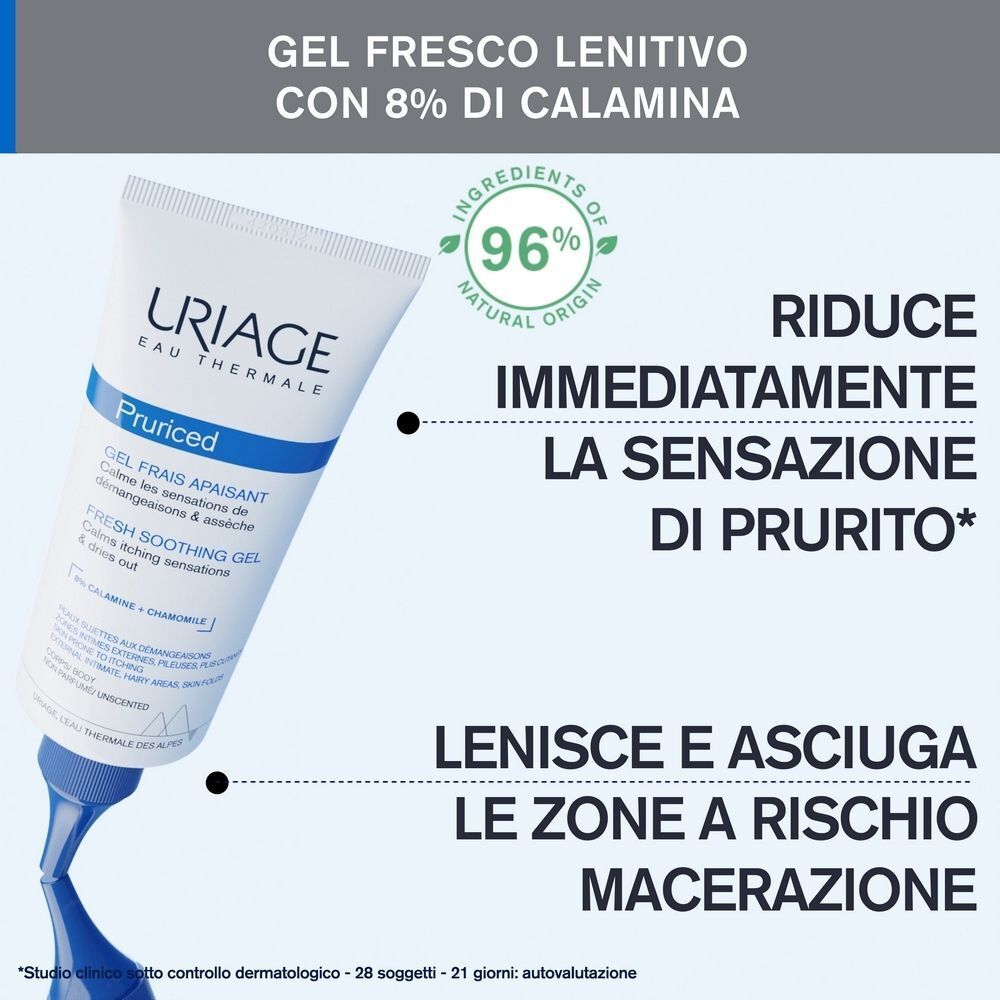 Tubo di gel Uriage Pruriced con testo "Riduce immediatamente la sensazione di prurito".