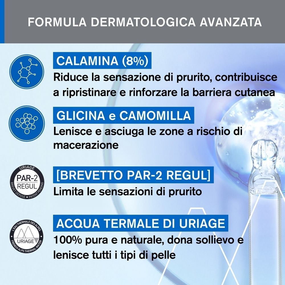 Ingredienti del gel Uriage Pruriced: Calamina (8%), Glicina, Camomilla, Acqua Termale.