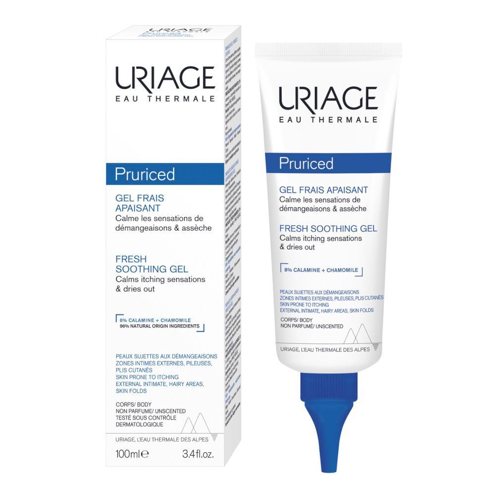 Tubo e confezione del gel Uriage Pruriced, 100ml, con informazioni sul prodotto.