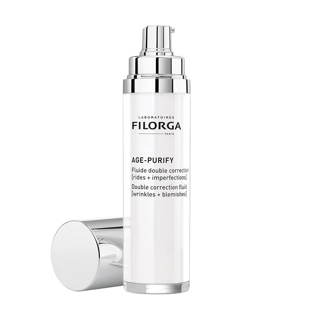 Un flacone pompa bianco con tappo argentato, FILORGA AGE-PURIFY, tappo accanto.
