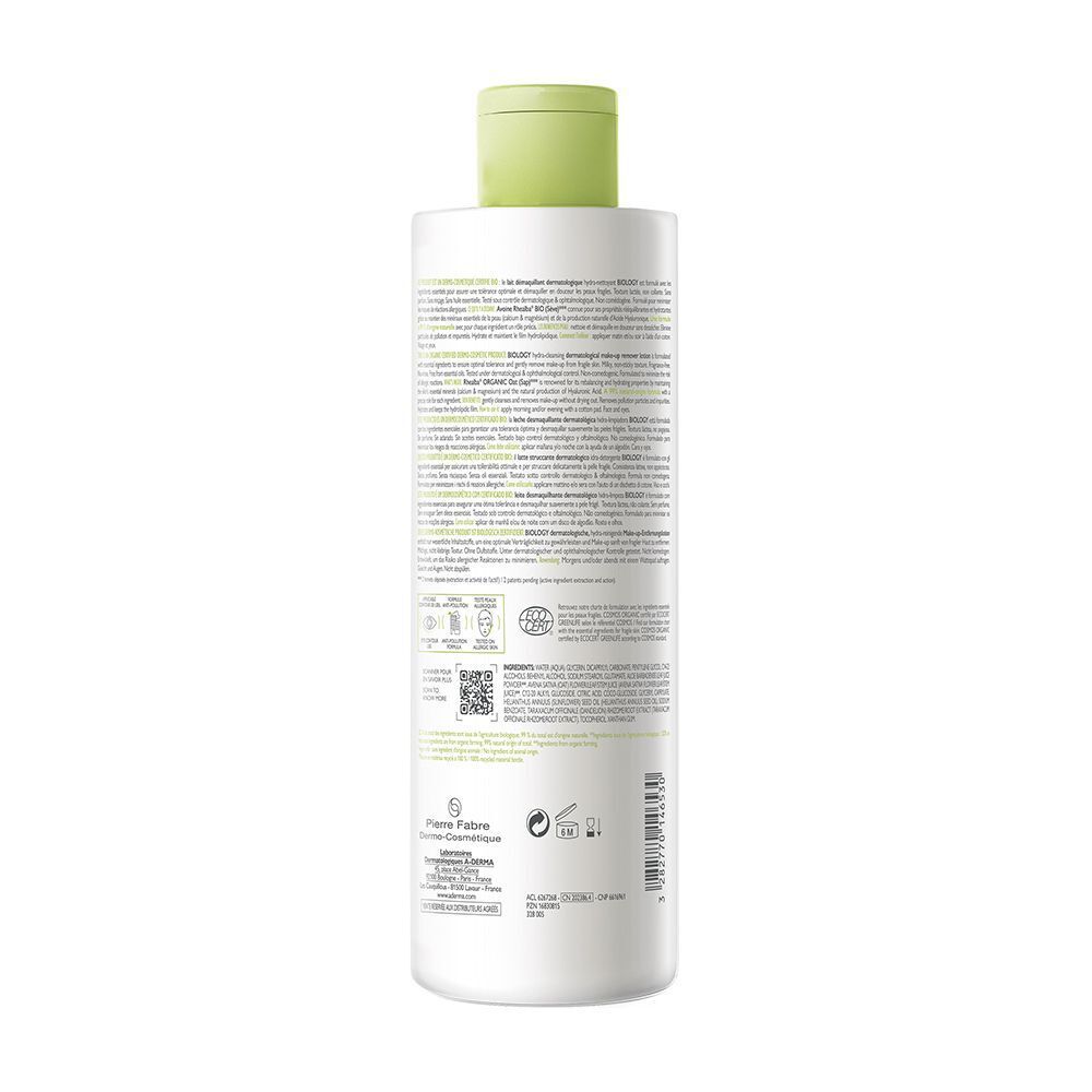 Retro di un flacone di Latte Struccante A-Derma Biology con ingredienti e certificazioni.