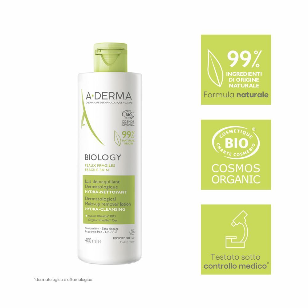 Latte Struccante A-Derma Biology, 400ml, con sigilli 99% ingredienti naturali e Cosmos Organic.