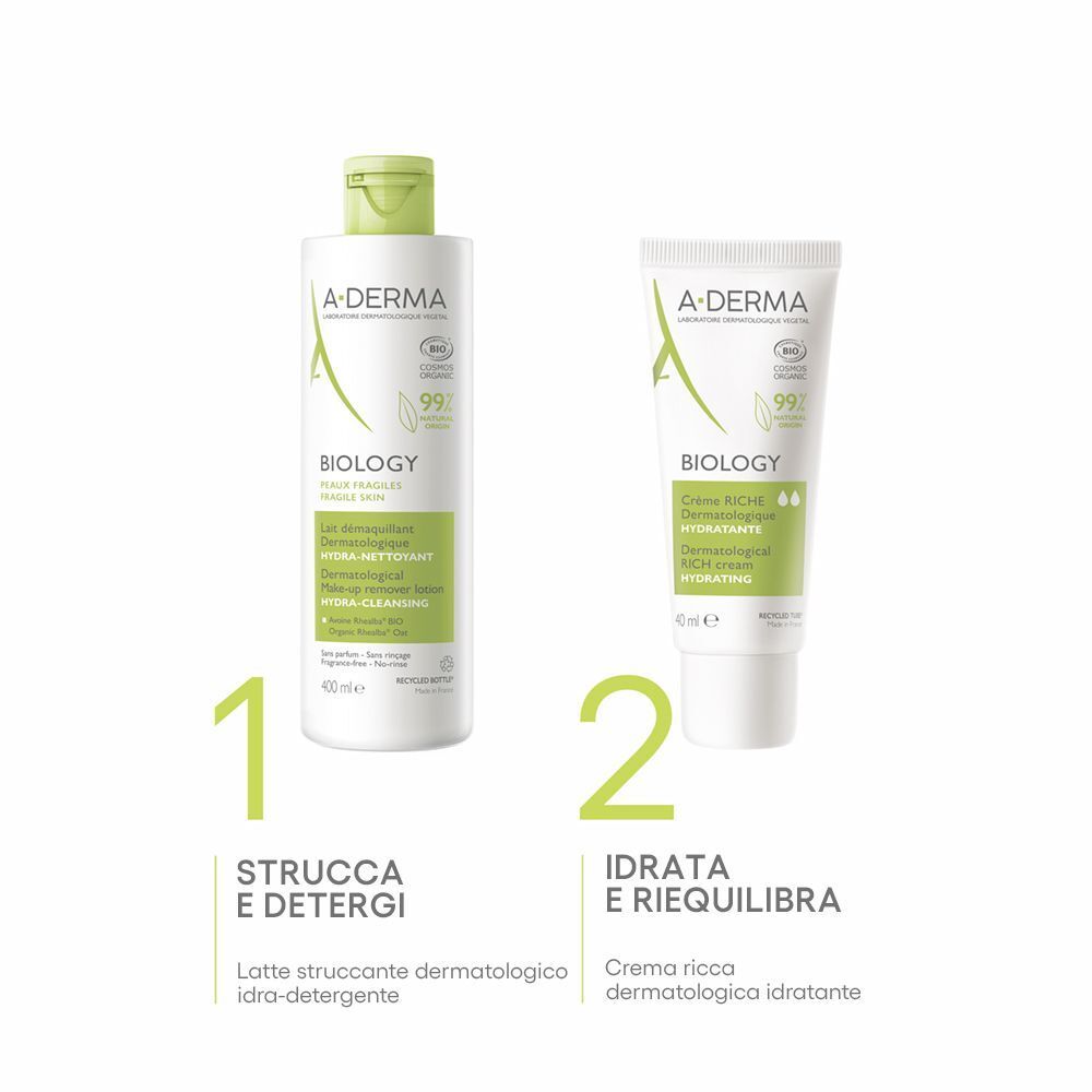 Latte Struccante A-Derma Biology (400ml) e Crema (40ml) per una cura della pelle in due fasi.