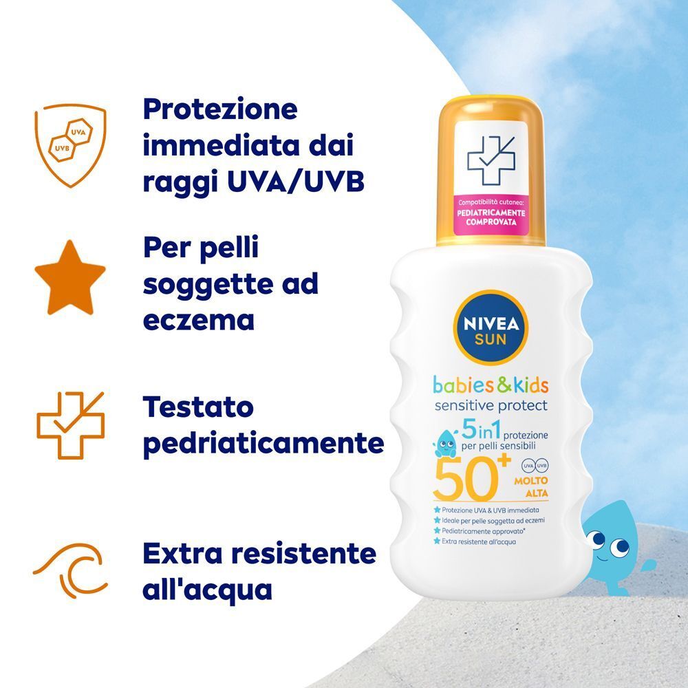 Spray solare Nivea Sun per bambini: protezione immediata UVA/UVB, per pelli soggette a eczema.