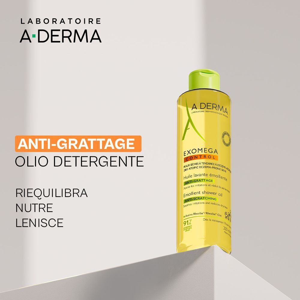 Olio lavante A-Derma Exomega Control: formula anti-grattage, riequilibrante, nutriente.