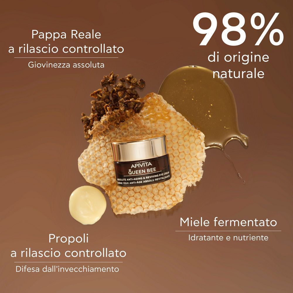 Crema contorno occhi APIVITA Queen Bee vicino a favo, miele e propoli. 98% ingredienti di origine naturale.