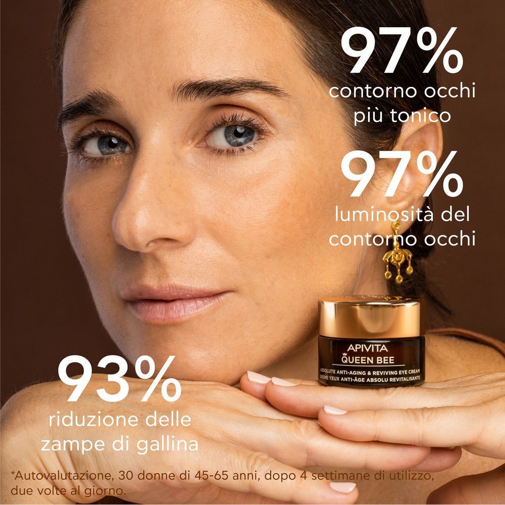 Primo piano di una donna con crema contorno occhi APIVITA Queen Bee e percentuali di efficacia.