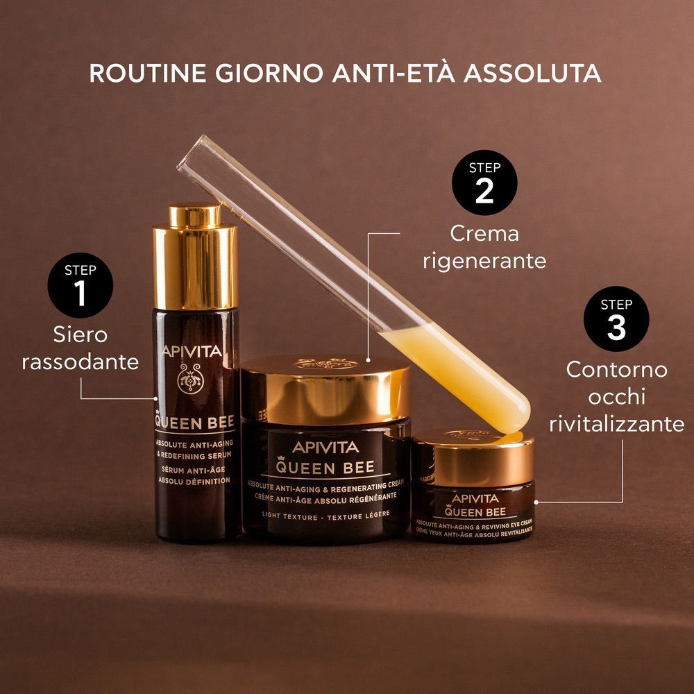 Prodotti APIVITA Queen Bee per routine giorno: siero, crema, crema contorno occhi.
