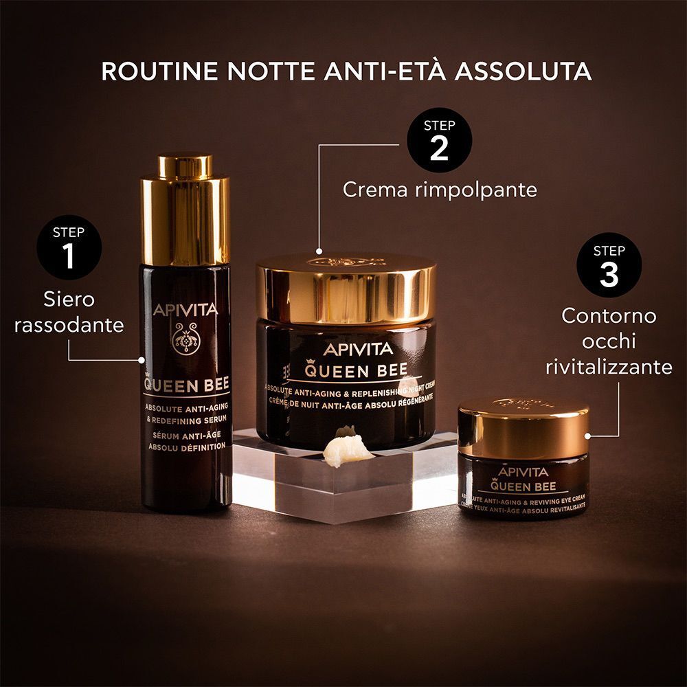 Prodotti APIVITA Queen Bee per routine notte: siero, crema, crema contorno occhi.