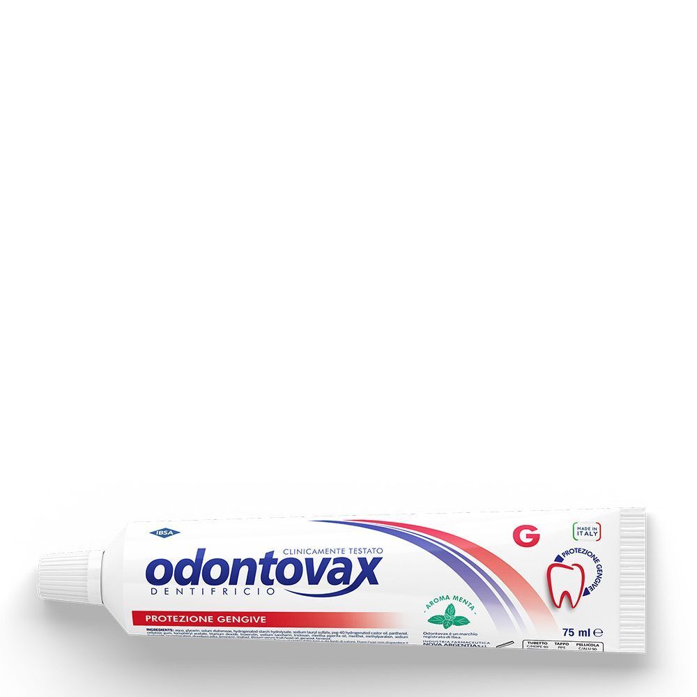 Tubo dentifricio Odontovax, 75 ml, con scritta "Protezione Gengive" e simbolo foglia di menta. Prodotto in Italia.