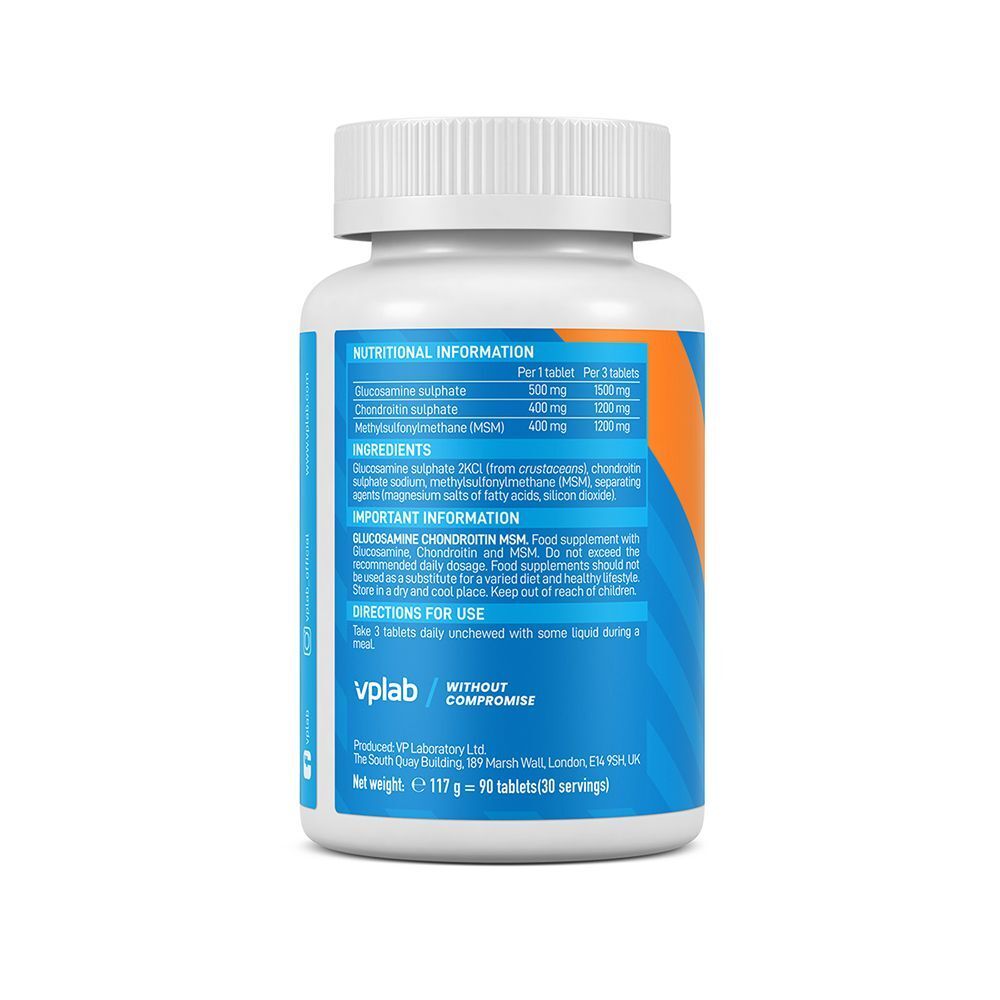Retro di un flacone VPLAB Glucosamina & Condroitina & MSM con informazioni nutrizionali e ingredienti.