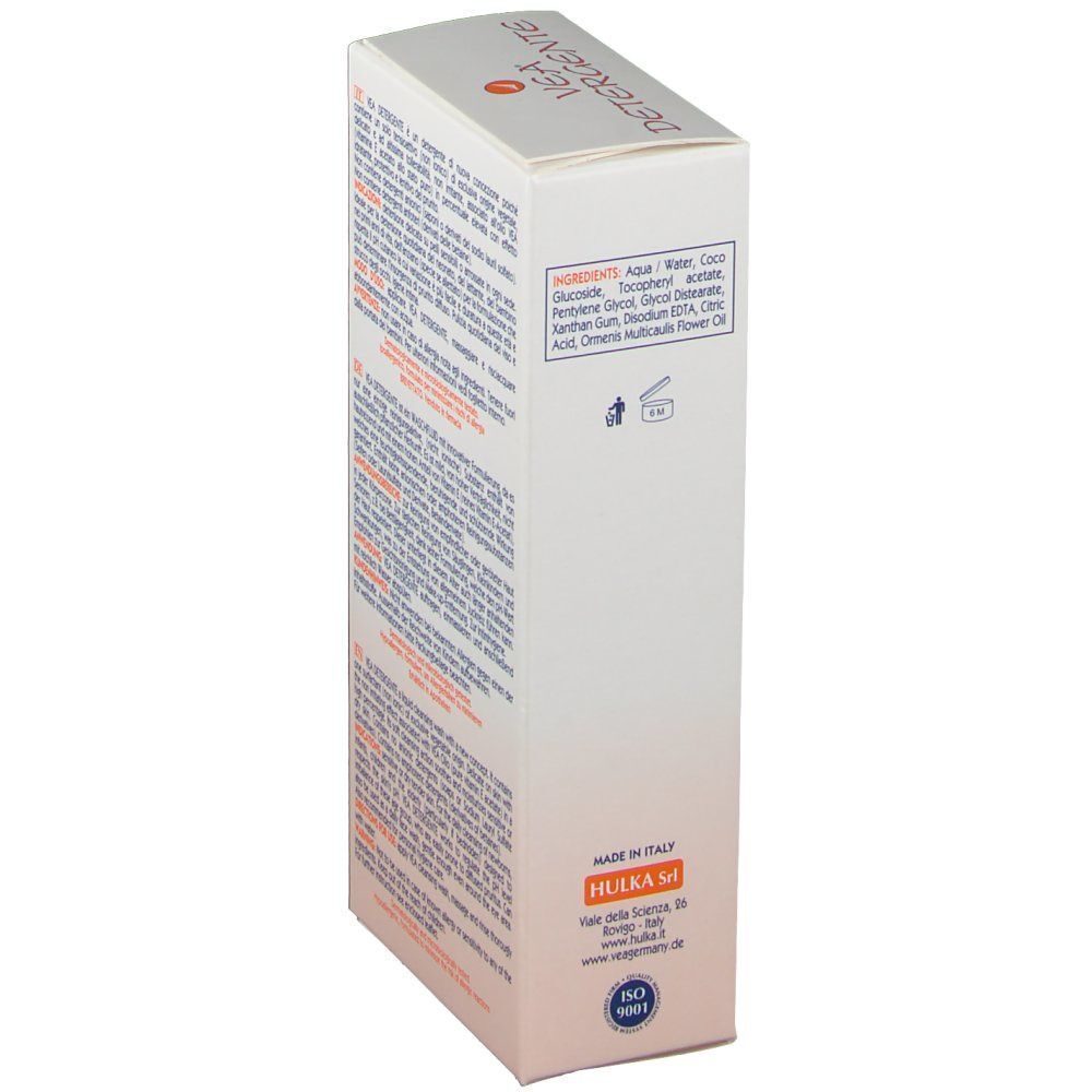 Confezione di VEA DETERGENTE Detergente Fluido, vista laterale con ingredienti e certificazione ISO.