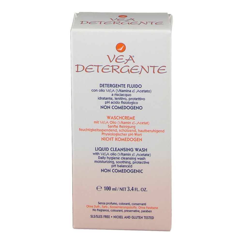 Confezione di VEA DETERGENTE Detergente Fluido, fronte con caratteristiche prodotto.