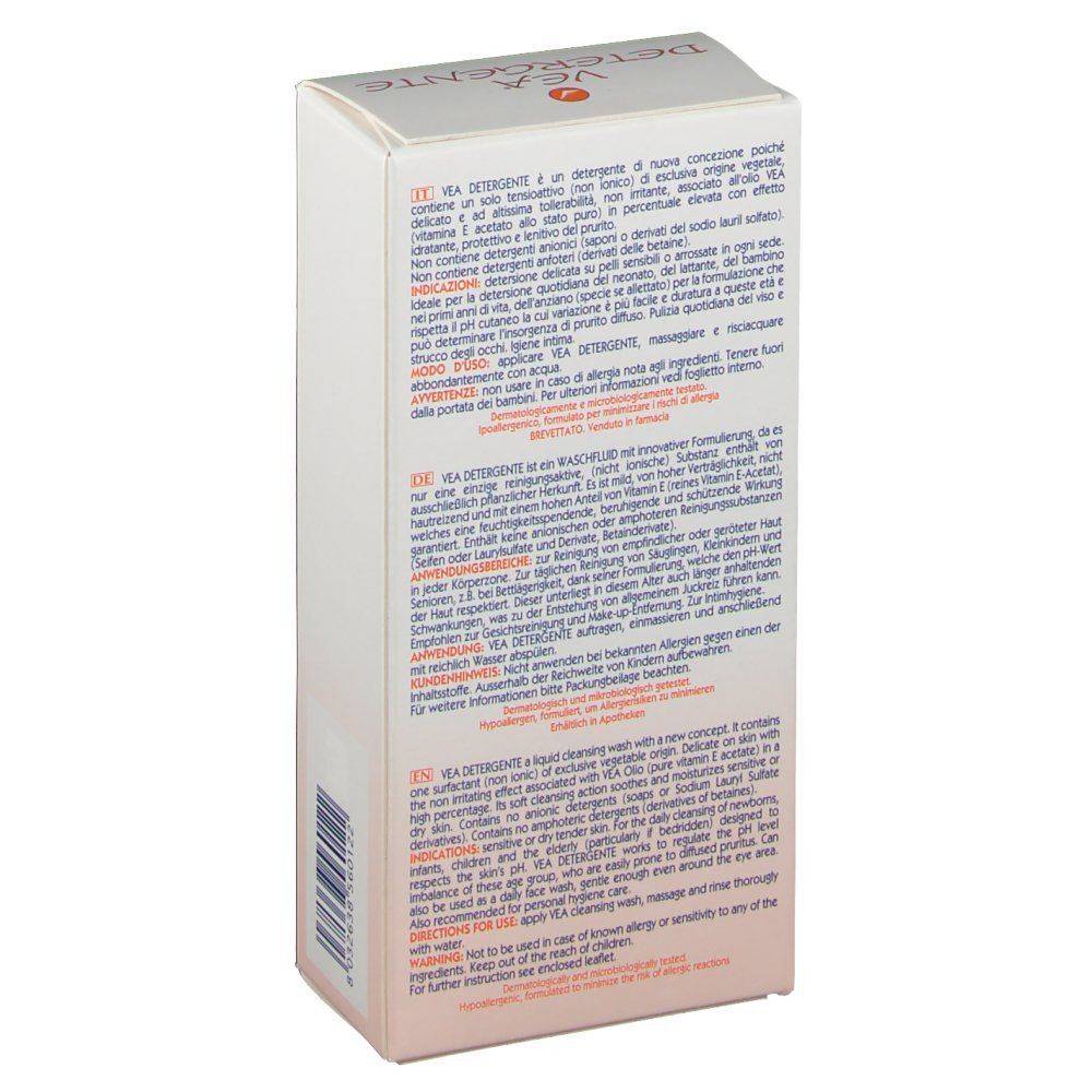 Retro di una scatola di VEA Detergente Fluido con ingredienti e istruzioni.