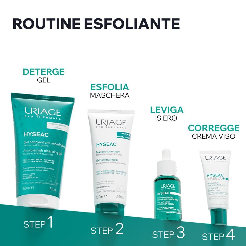 Routine Uriage Hyseac: Gel detergente, maschera, siero, crema viso.