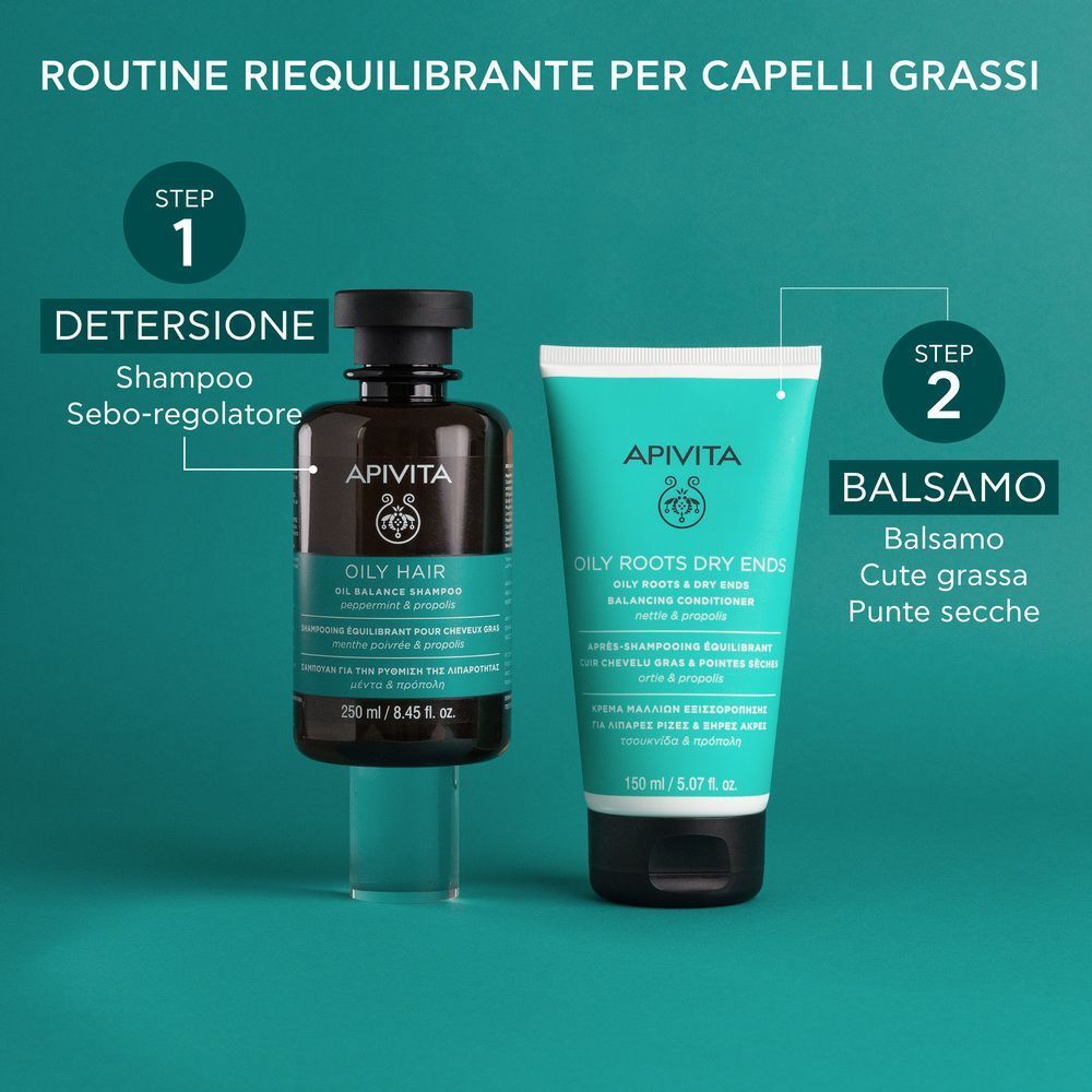 Shampoo APIVITA OILY HAIR Sebo-regolatore e balsamo per punte secche. Routine per capelli grassi.