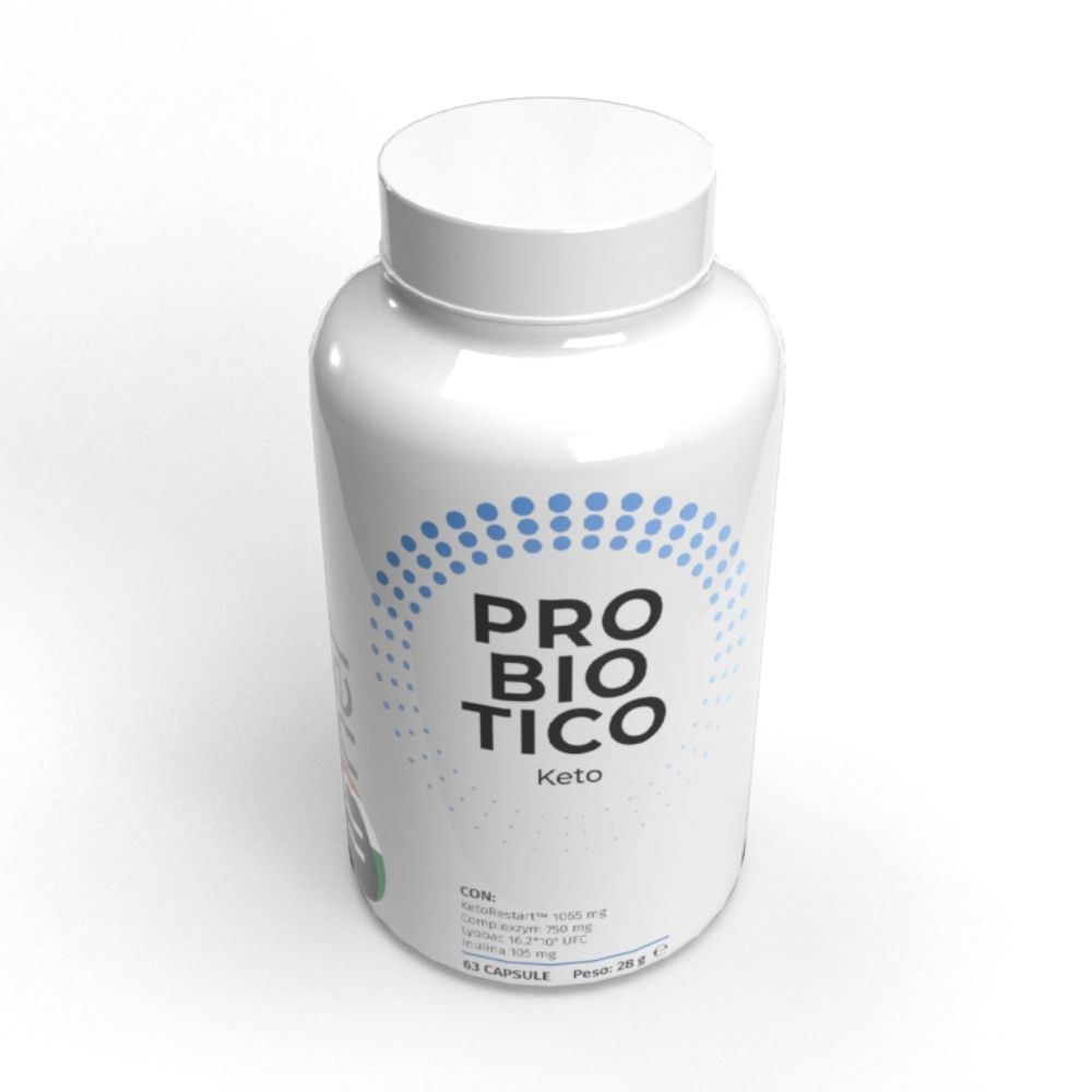 Flacone bianco con scritta Probiotico Keto, punti blu e informazioni sulle capsule.