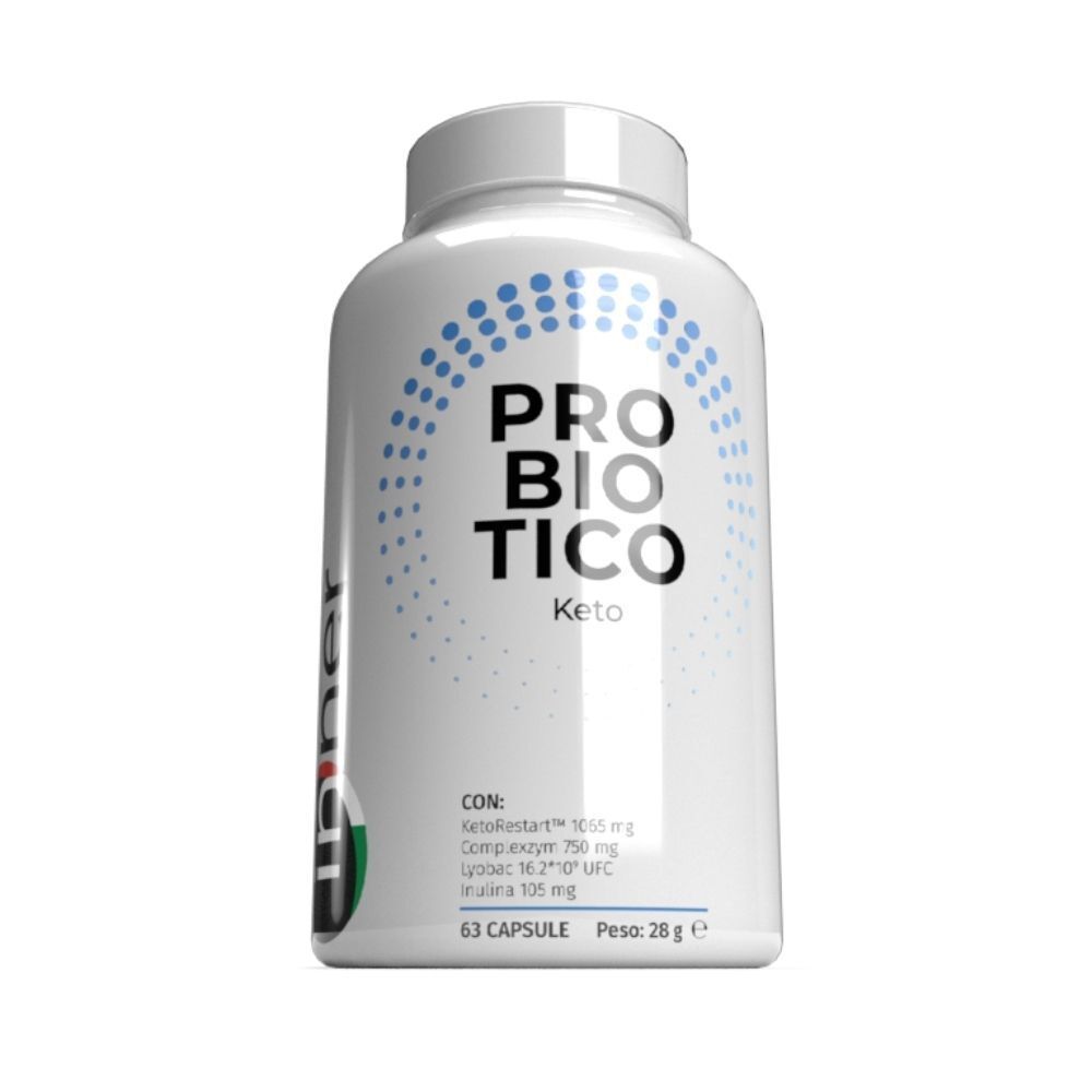 Flacone bianco con scritta Probiotico Keto, punti blu e dettagli del contenuto.