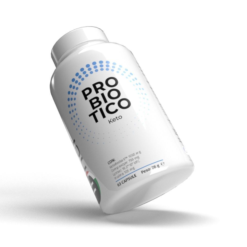 Flacone bianco inclinato con etichetta 'PROBIOTICO Keto' e punti blu.