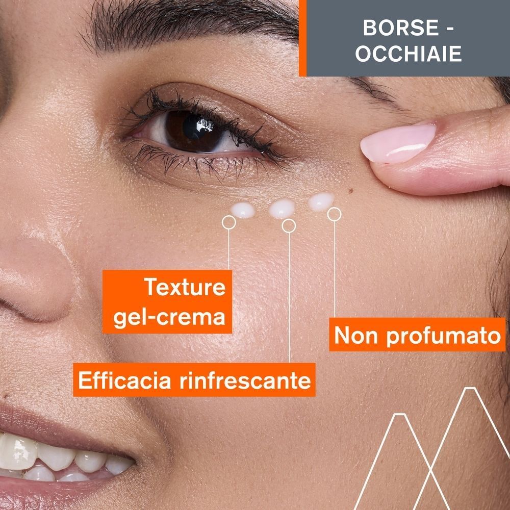 Applicazione del contorno occhi correttivo Uriage Depiderm sulla pelle. Texture gel-crema.