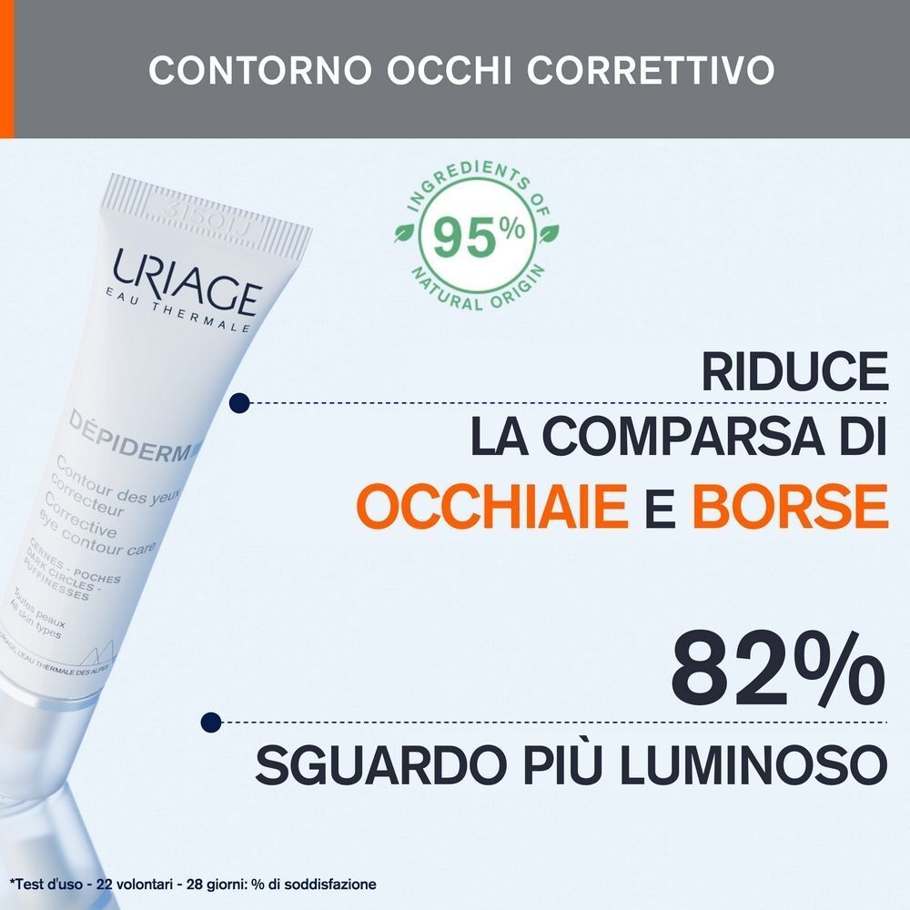 Il contorno occhi correttivo Uriage Depiderm riduce occhiaie e borse. 95% ingredienti naturali.