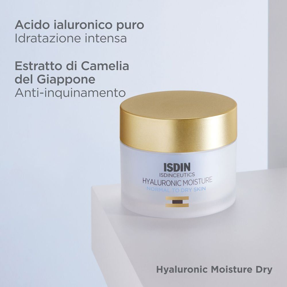 Crema idratante ISDIN Hyaluronic Moisture per pelli da normali a secche. Ingredienti: Acido ialuronico, estratto di camelia.