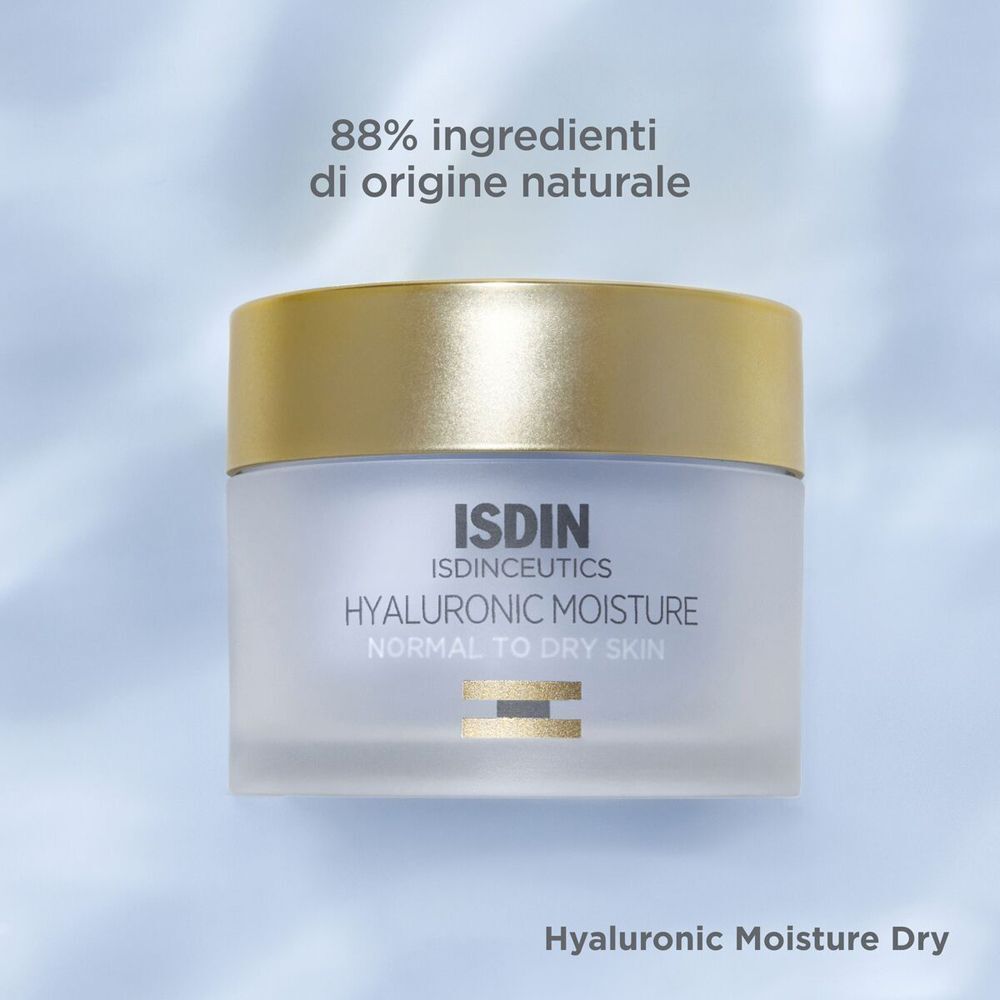 Crema idratante ISDIN Hyaluronic Moisture. 88% ingredienti di origine naturale. Per pelli da normali a secche.