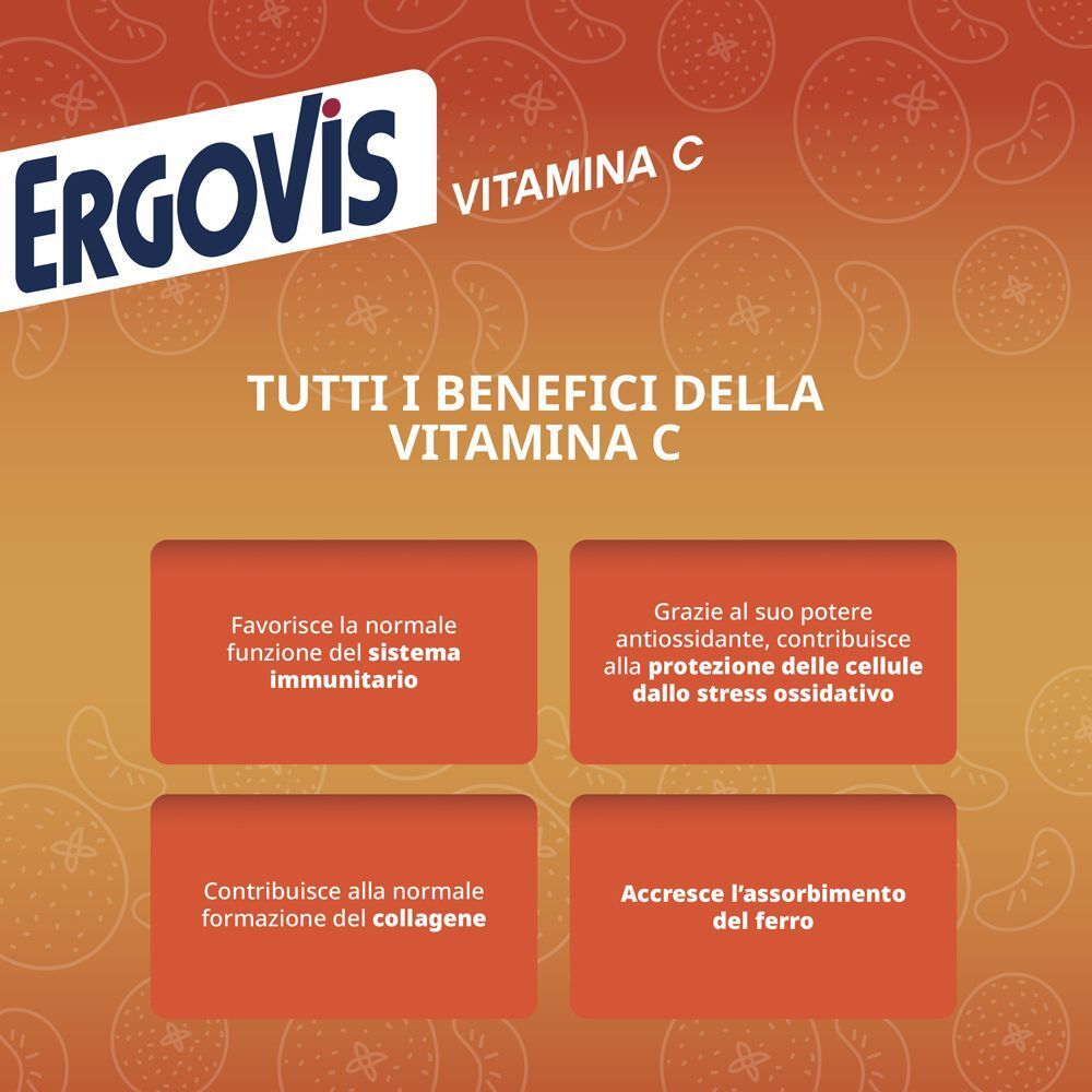 ERGOVIS Vitamina C: favorisce sistema immunitario, formazione collagene, assorbimento ferro, protezione cellule dallo stress.