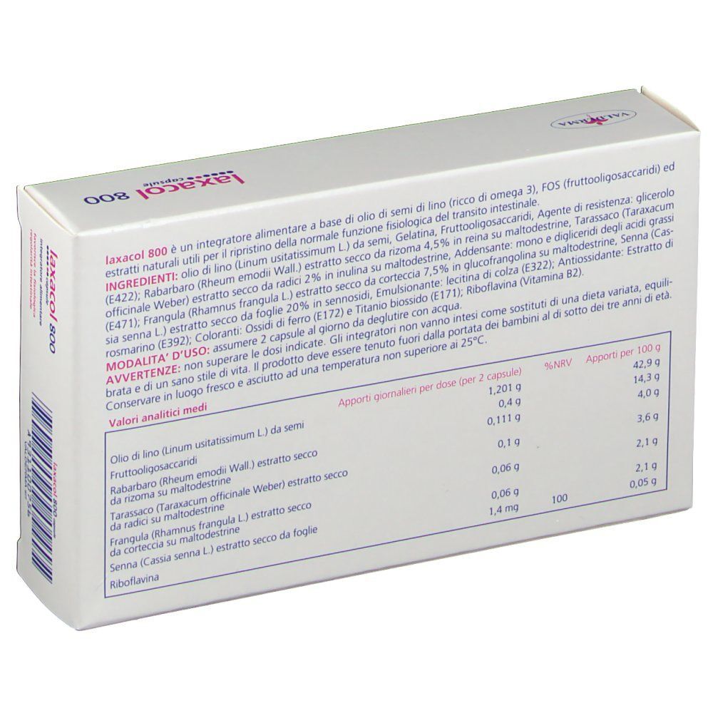 Retro di una confezione di Laxacol 800 capsule con ingredienti dettagliati e valori nutrizionali.