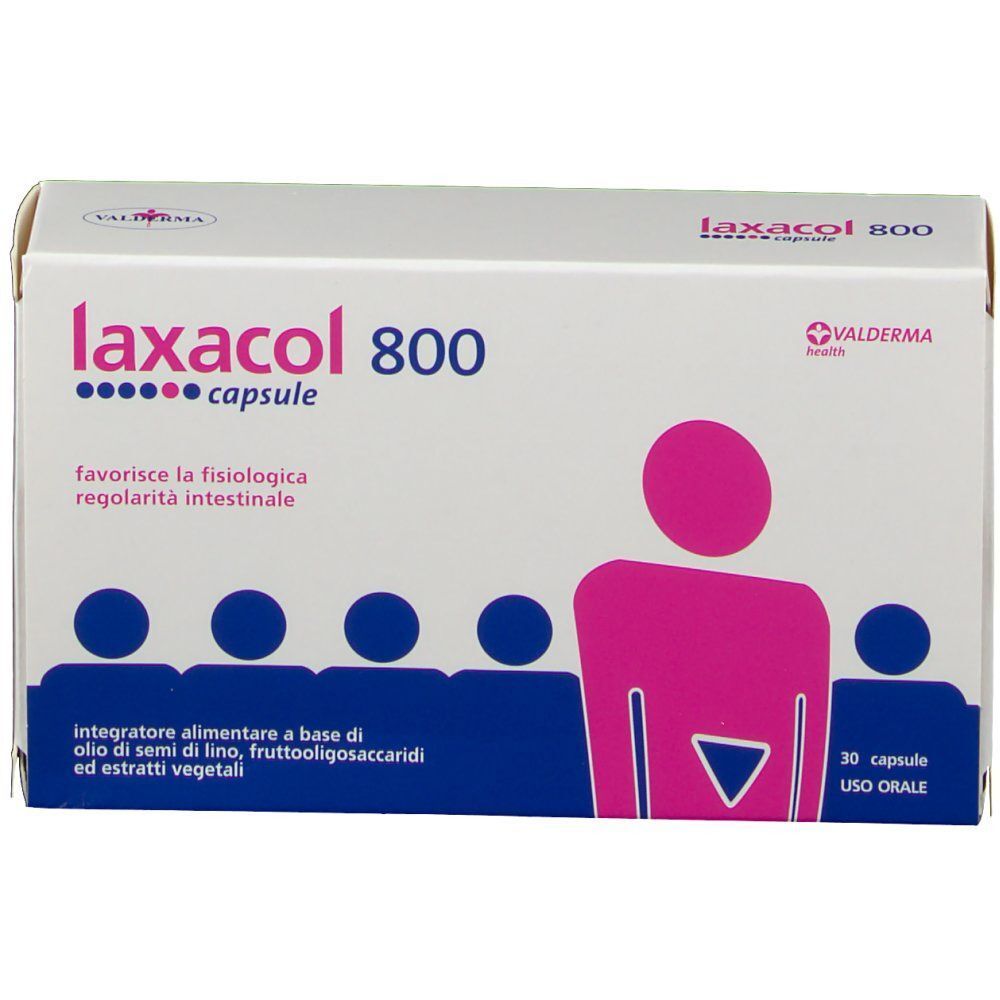 Confezione di Laxacol 800 capsule con raffigurazione di persone e flora intestinale, 30 capsule.