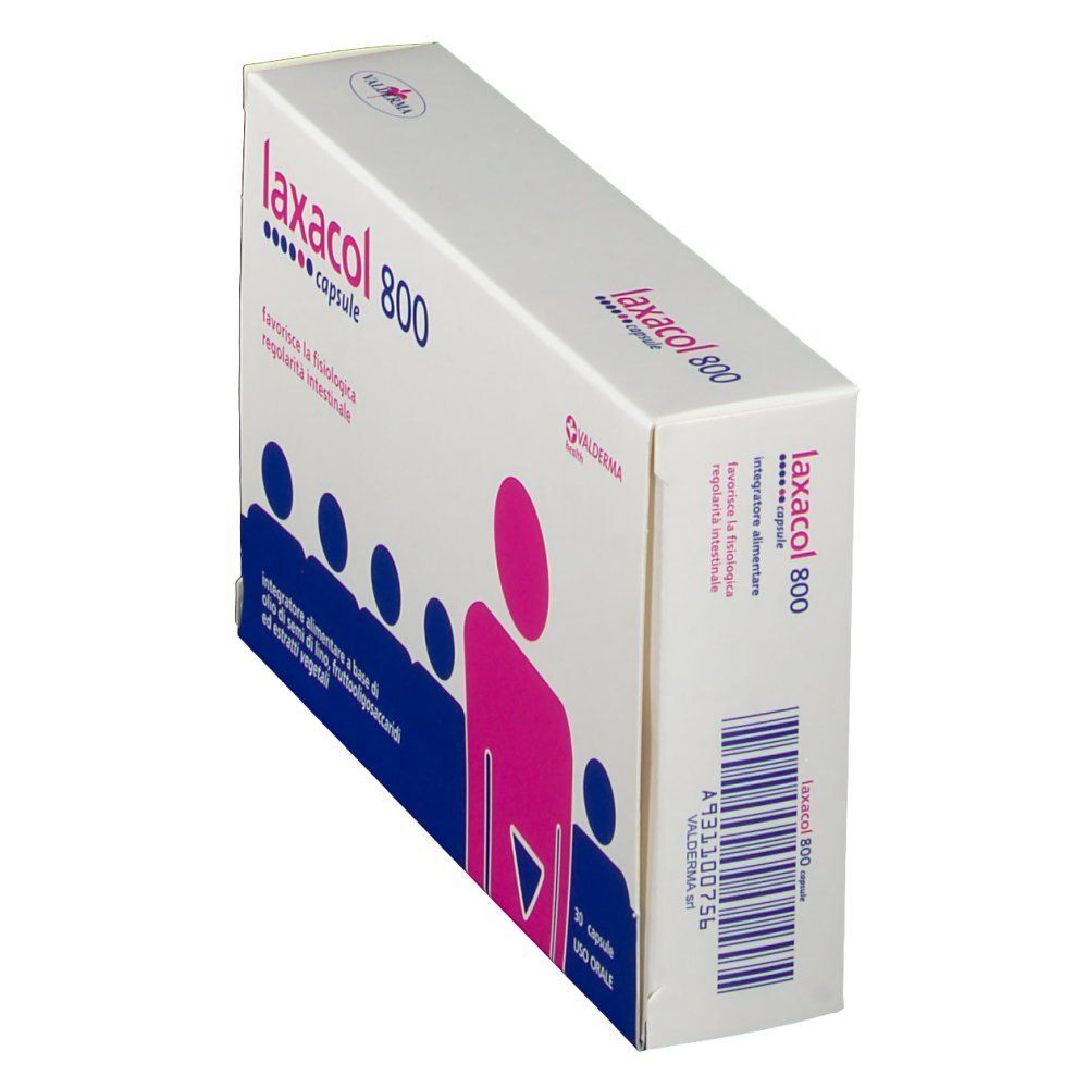 Confezione di capsule Laxacol 800 di lato, con codice a barre e informazioni sul prodotto.