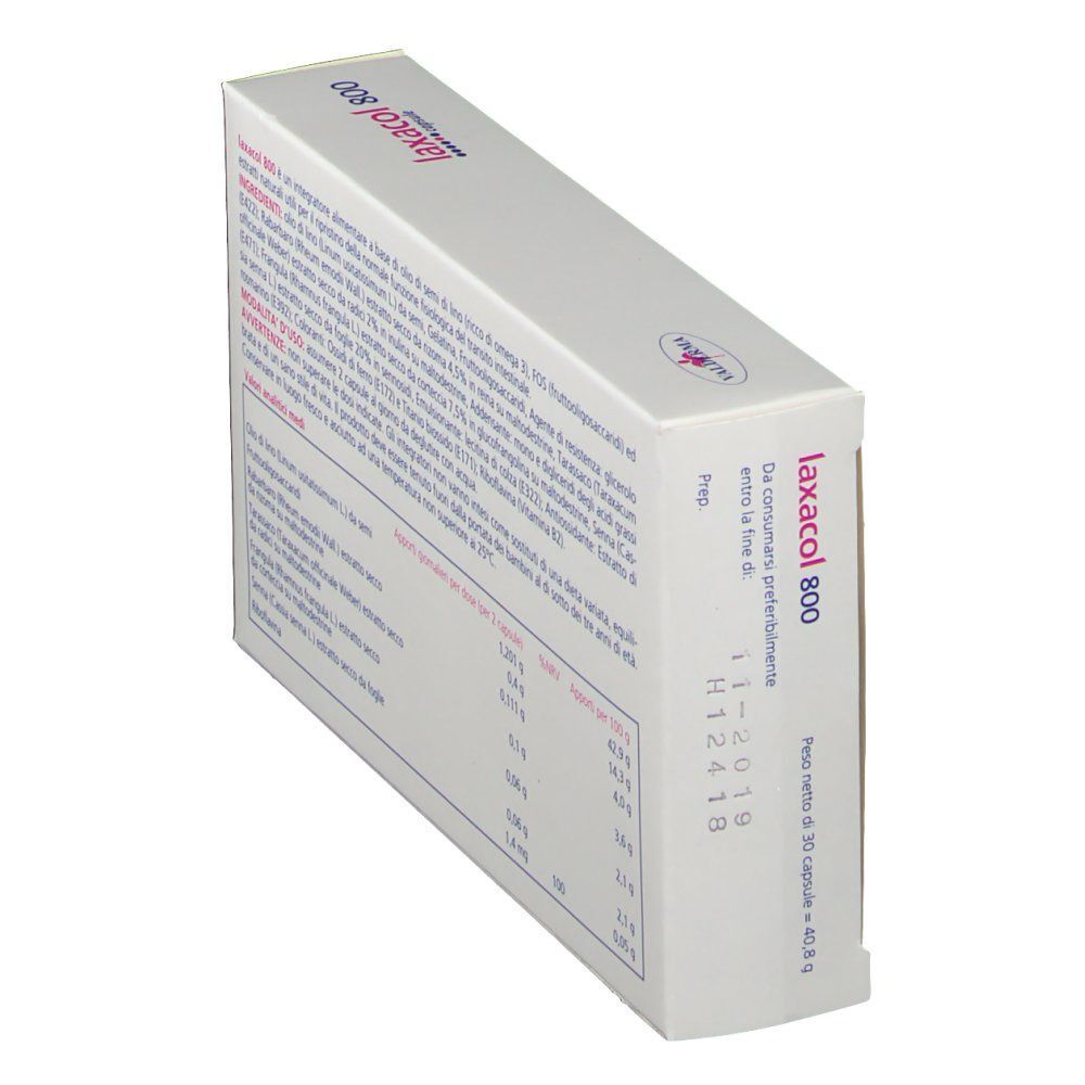 Lato di una confezione di capsule Laxacol 800 con data di scadenza e numero di lotto.