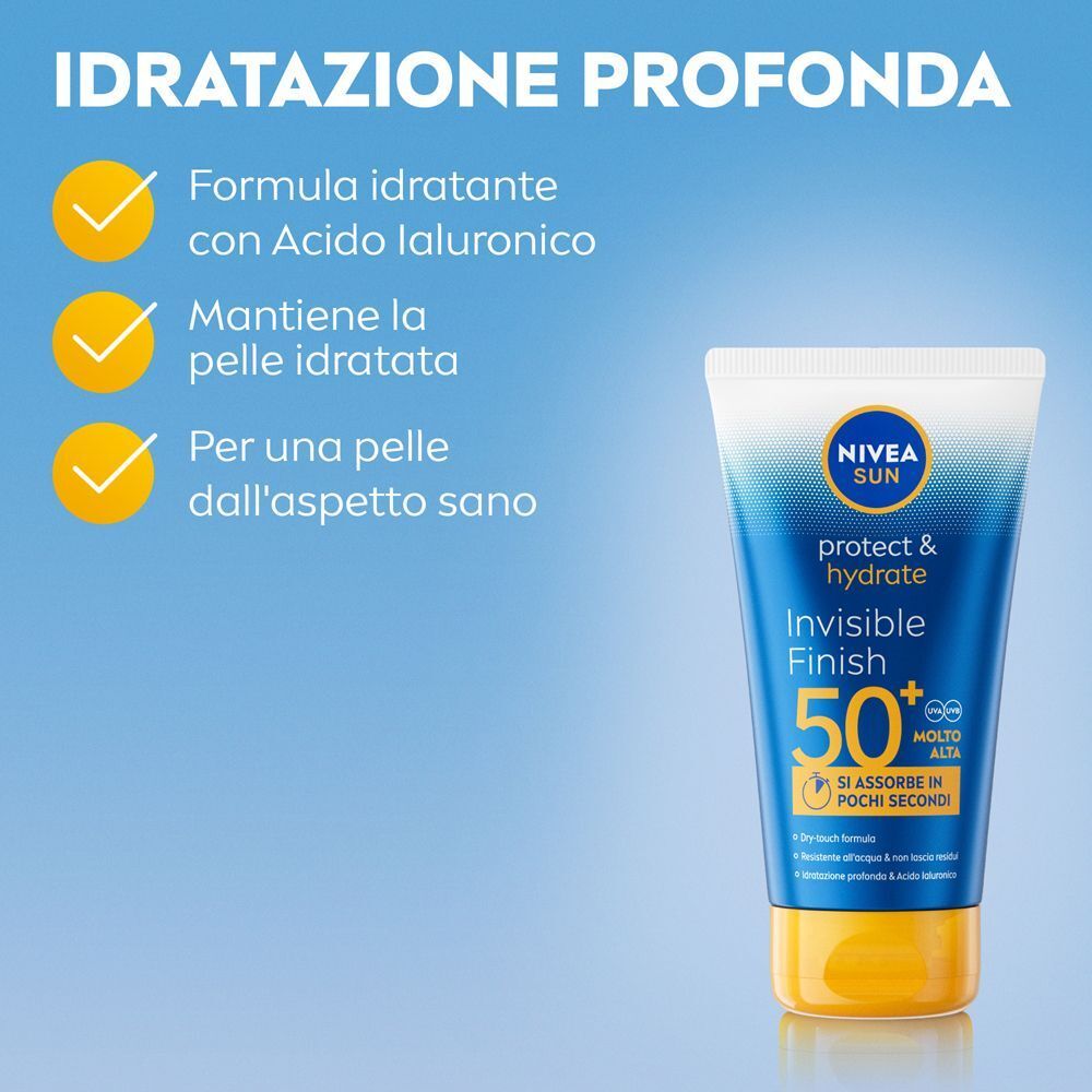 Nivea Sun Protect & Hydrate Invisible Finish SPF 50+ con acido ialuronico per idratazione.