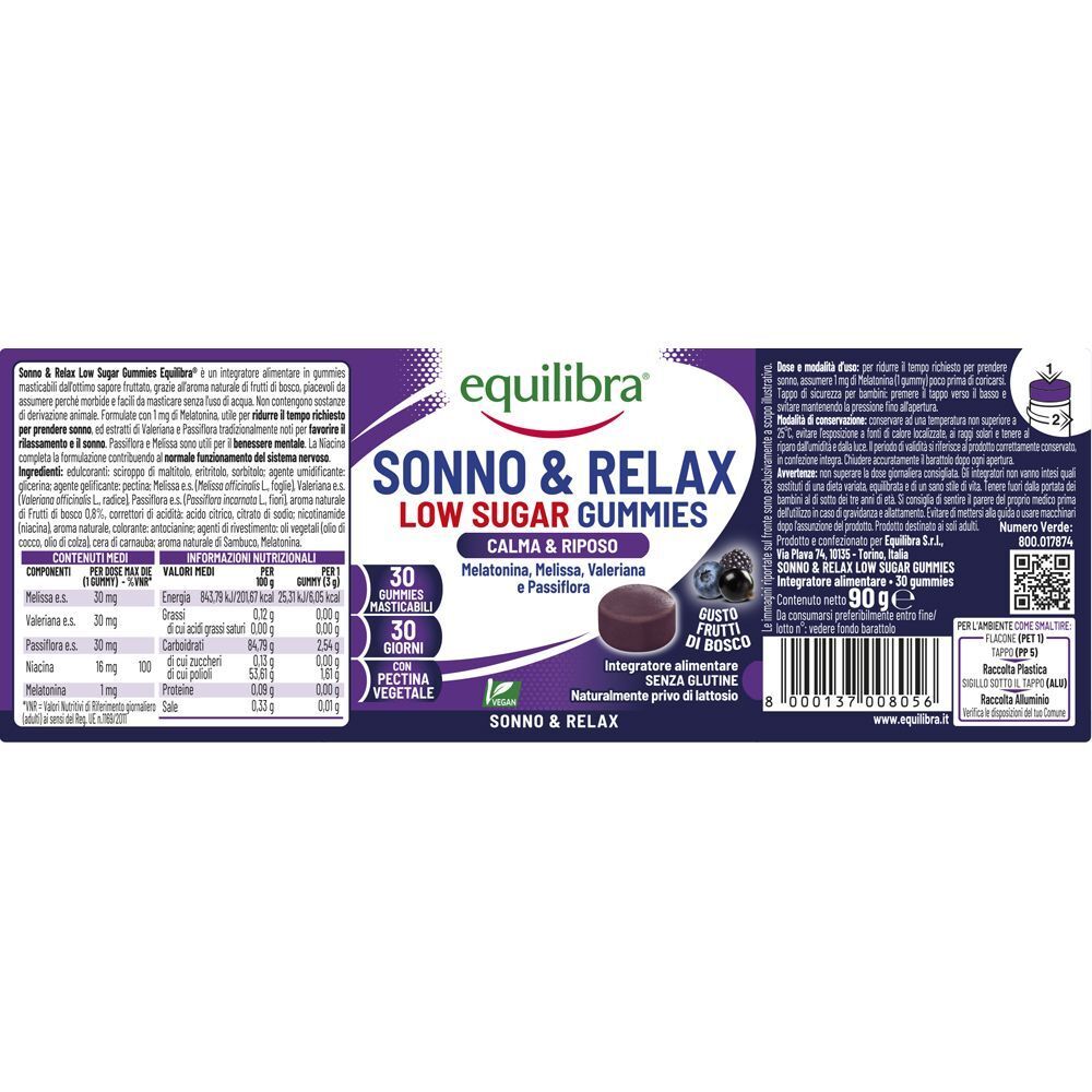 Confezione Equilibra Sonno & Relax Low Sugar Gummies con informazioni nutrizionali.