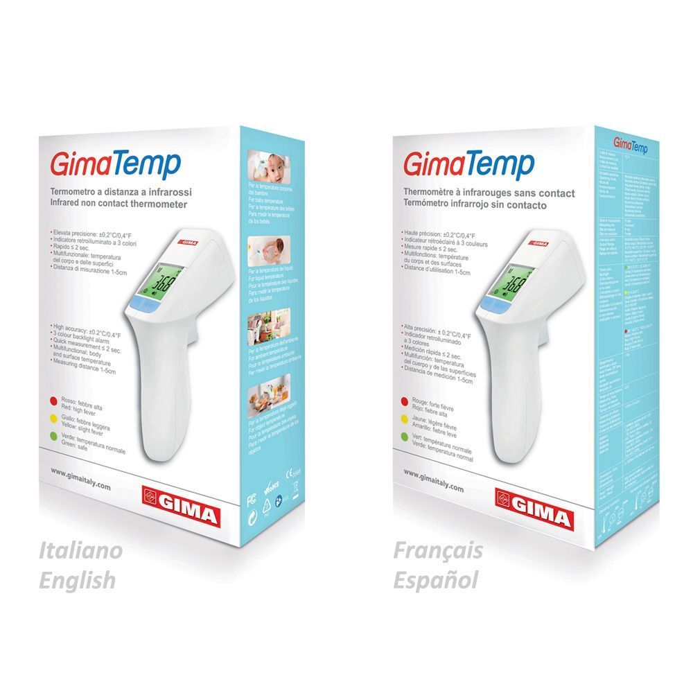 Confezione del termometro senza contatto GimaTemp in italiano/inglese e francese/spagnolo.