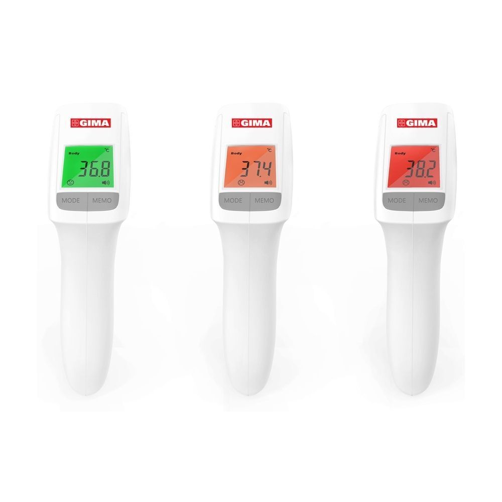 Tre termometri bianchi senza contatto con display che mostrano temperature diverse: verde, arancione, rosso.