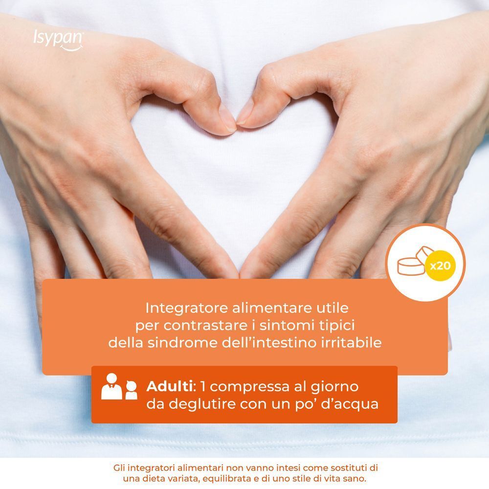 Mani formano un cuore sull'addome. Visibile una confezione da 20 compresse.