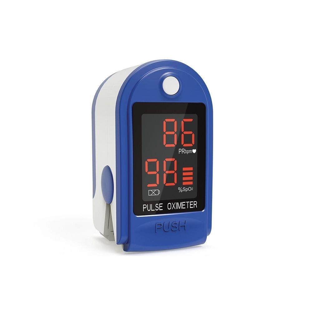 Pulsossimetro blu e bianco con display che mostra SpO2 98% e frequenza cardiaca 86.
