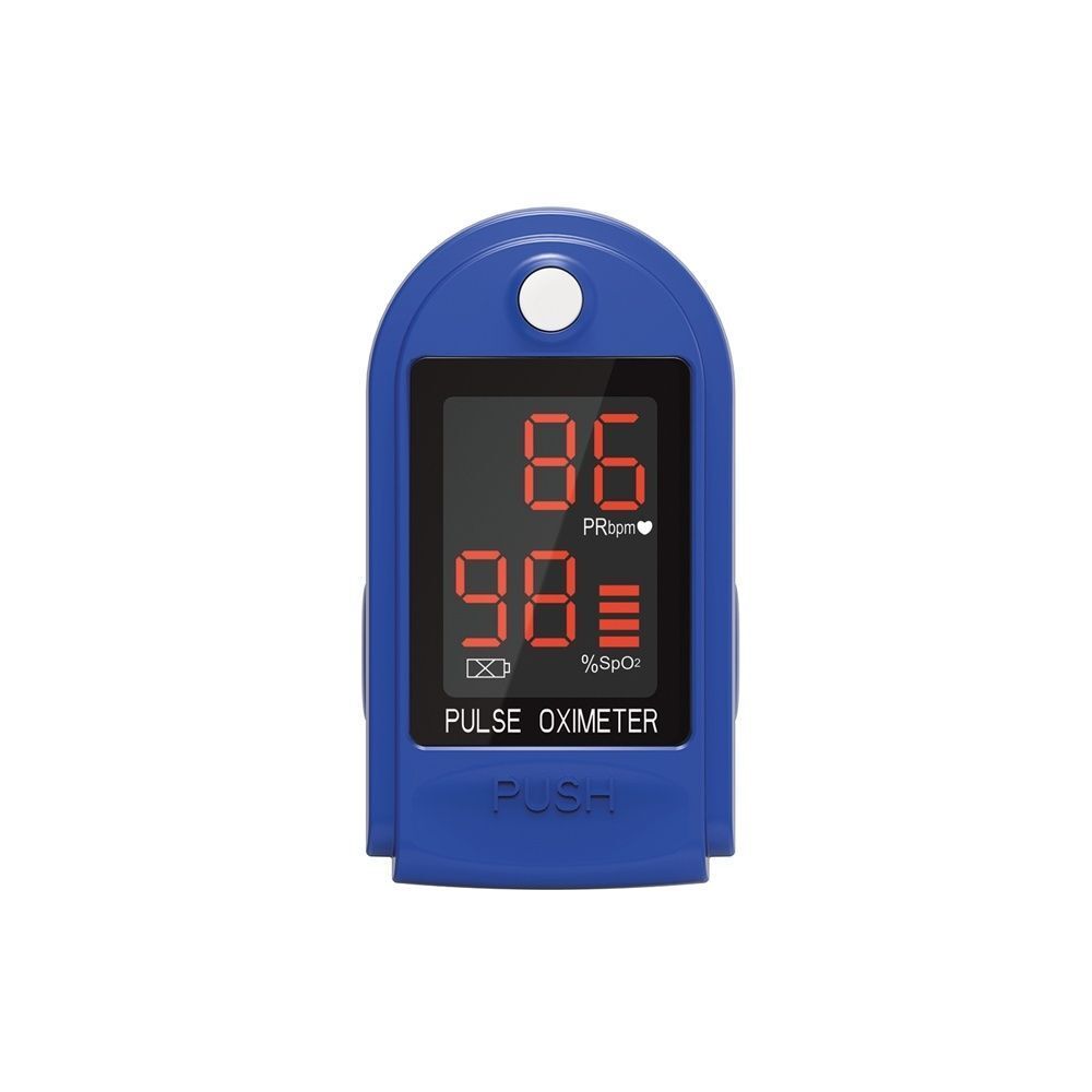 Pulsossimetro blu con display che mostra SpO2 98% e frequenza cardiaca 86.