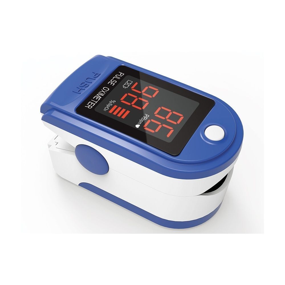 Pulsossimetro blu e bianco con display rosso che mostra SpO2 e battito.
