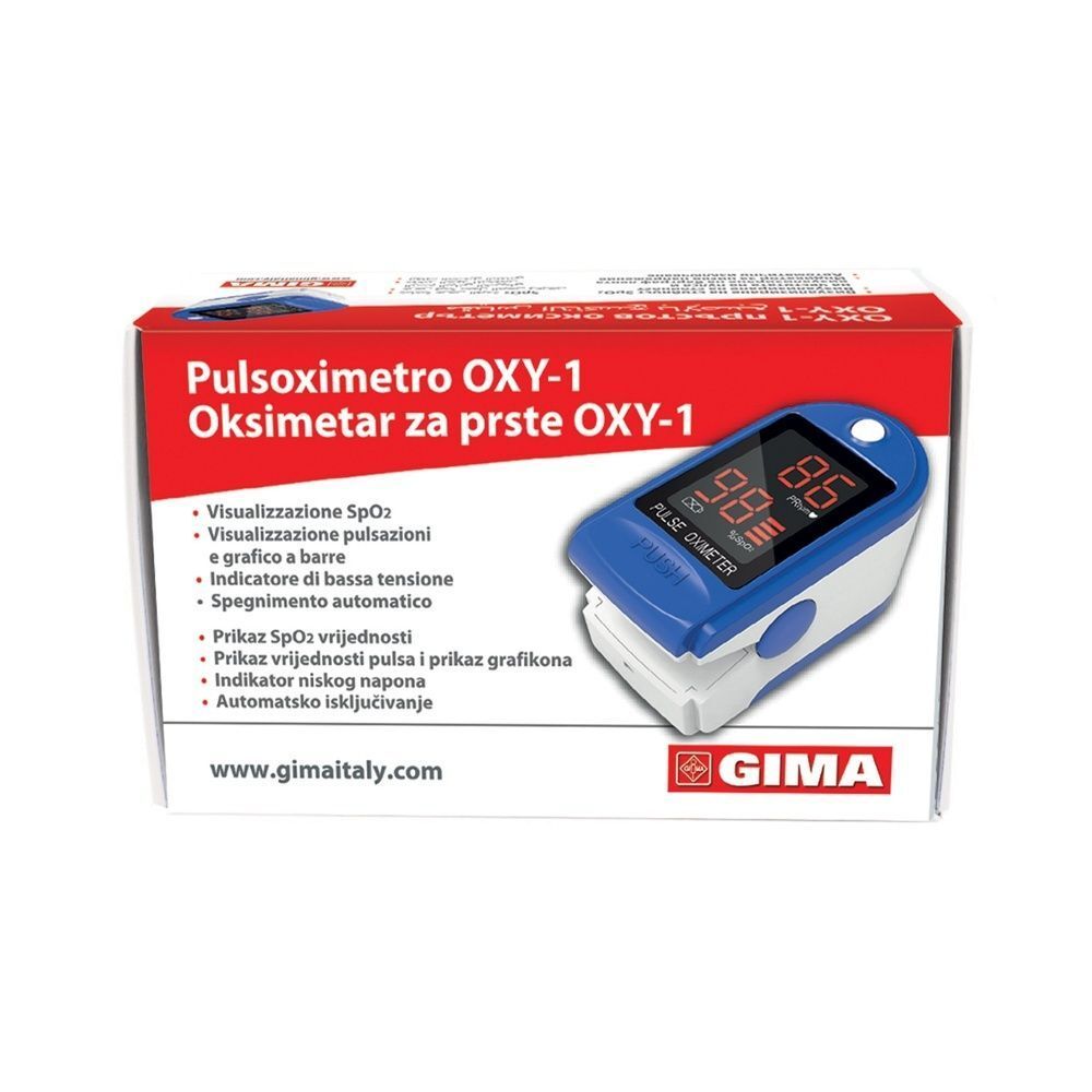 Confezione del GIMA Pulsoximetro Oxy-1 con immagine del prodotto e testo.