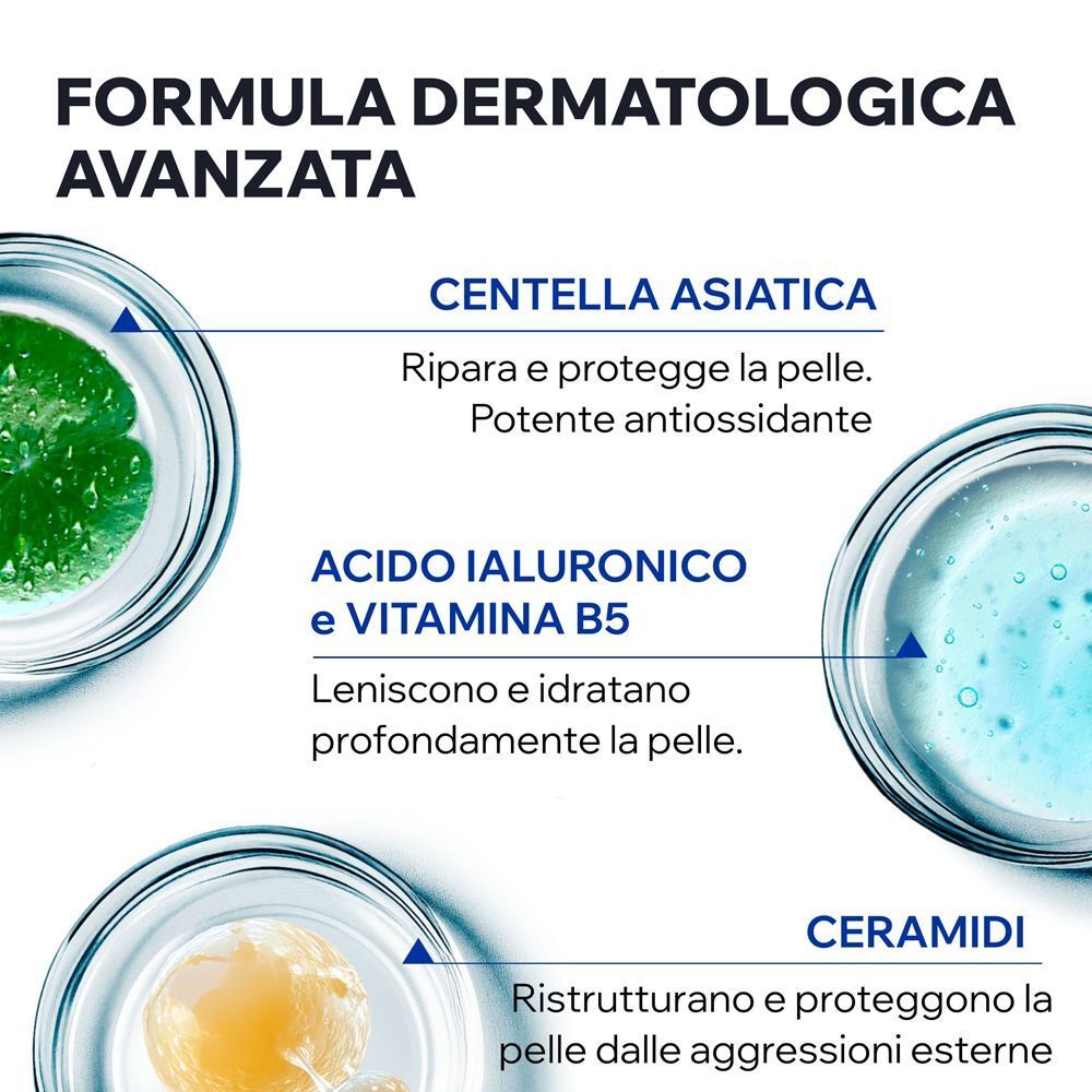 Tre ciotole con ingredienti: Centella Asiatica, Acido Ialuronico/Vitamina B5 e Ceramidi.